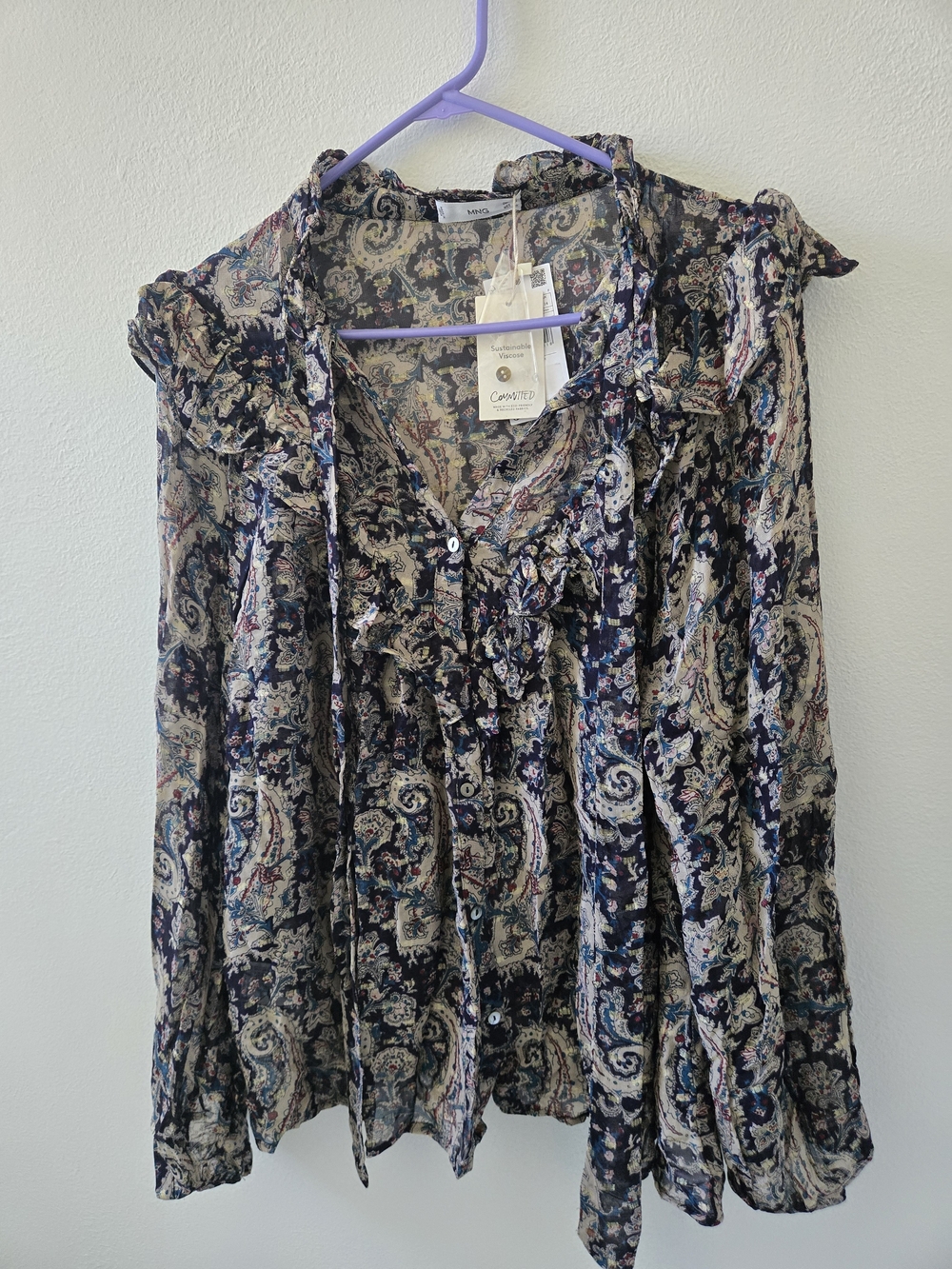 Mango Navy Paisley Ruffle Tie-Neck Blouse